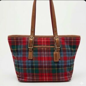 Coach Hamptons Tartan Plaid Wool Tote - Red Holiday Archive (2002) Vintage